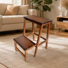1pc Vintage Contrast Color Double-Layer Solid Wood Folding Step Stool, Featuring Double-Layer Step Design And Integrated Folding Structure, Space-Saving Storage When Not In Use, Suitable For Small Home Spaces - Brown - View 4