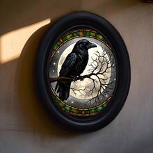 1pc Vintage Colorful Glass Style Black Crow Decorative Picture Frame, Black Frame Round Wall Decor, Handmade Wooden Art Craft, Suitable For Home And Office Decoration, Crow Full Moon Starry Night Theme Creative Craft, Ideal Gift And Collectible - 259 - View 7