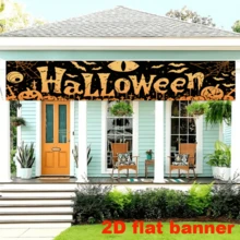 2D 平面萬聖節布製背景布,黑色底色配橘色「HALLOWEEN」字樣,含蜘蛛網、蝙蝠、南瓜燈、墓碑等元素,無需電源 - A - 查看 3