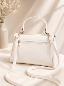 Mala de senhora elegante de cor lisa, fecho de aba com fecho, versátil para ombro e tiracolo, grande capacidade, aspeto sofisticado para deslocações diárias - Branco - Ver 4