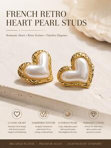 1 Pair Bohemian Style Gentle Romantic French Luxury Pearl Heart Stud Earrings, 316 Stainless Steel Gold Plated Hypoallergenic Earrings For Women, Back To School, Daily Commute, Office, Campus, Date, Party, Best Friend Gathering, Spring Outing, Vacation, Music Festival, Wedding, Holiday, Versatile - Multicolor - View 5