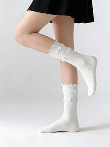 1/2 Pairs Summer Sweet Minimalist Versatile Multi-Bow Ruffle Mid-Calf Socks - Multicolor - View 1