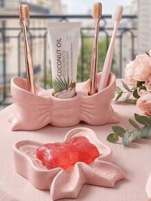 2pcs Cute Pink Ceramic Bow Bathroom Accessory Set, Toothbrush Holder And Soap Dish, Creative Bow Design Countertop Storage Box, Girls Bathroom Decor Home Essentials - A - View 2