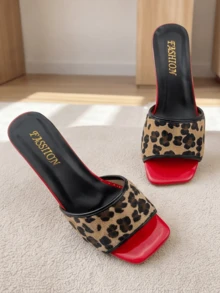 Popular Best-Selling Leopard Print Patchwork Red Youth Sandals, Leopard Print Wide Strap Comfortable Fit High Heel Shoes, Retro Style - Black - View 6