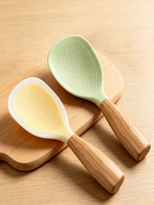 Wood Handle Silicone Rice Paddle Spoon, Lightweight Elegant Kitchen Rice Scoop With Standing & Hanging Hook Design, Healthy Harmless Non-Stick Spatula, Multiple Colors Available For Household Rice Cooker Daily Kitchen Cooking Use - View 1