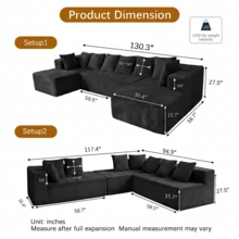 Boneless Couch,Modular U-Shaped Sectional Sofa,130-Inch 4-Seater Chaise Lounge With Reversible Design, Striped Corduroy Fabric In BLACK – Sectional Living Room Or Bedroom Couch, Freely Configurable Layout. - Black + Polyester + Polyester + 4 Seat - View 10
