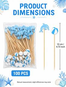 100pcs Blue Dolphin And Beach Ball Cocktail Picks, Bamboo Appetizer Picks, Fruit Picks, Dessert Sticks, Cupcake Decor Picks, Suitable For Ocean Theme Birthday, Summer Pool Party, Beach Party, Hawaiian Luau Party, Table Decoration - Dolphin Beach Ball Bamboo Sticks - View 9