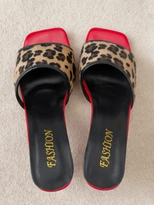 Popular Best-Selling Leopard Print Patchwork Red Youth Sandals, Leopard Print Wide Strap Comfortable Fit High Heel Shoes, Retro Style - Black - View 3