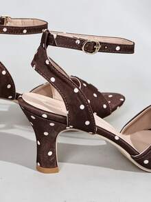 2026 New Women's Brown Polka Dot Satin Kitten Heel Mule High Heel Sandals, Elegant For Commute, Daily, Date, Party, Wedding, Women's Shoes Outfit - Brown - View 4