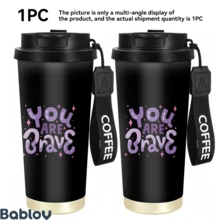 1/5pcs 18oz Stainless Steel Coffee Tumbler, You Are Brave Purple Glitter Letter Print Travel Mug, Multi-Function Straw Flip Lid, Black COFFEE Lanyard, Encouragement Gift For Women, Office Outdoor Daily - Brave - View 2