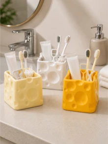 1pc Glossy Cheese Style Toothbrush Holder, Bathroom Vanity Storage Organizer For Toothbrushes, Toothpaste, Cleaning Swabs, Floss Picks, Countertop Caddy, Decorative Bathroom Accessories, Home Organization Container - Multicolor - View 8