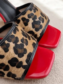 Popular Best-Selling Leopard Print Patchwork Red Youth Sandals, Leopard Print Wide Strap Comfortable Fit High Heel Shoes, Retro Style - Black - View 5