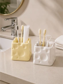 1pc Glossy Cheese Style Toothbrush Holder, Bathroom Vanity Storage Organizer For Toothbrushes, Toothpaste, Cleaning Swabs, Floss Picks, Countertop Caddy, Decorative Bathroom Accessories, Home Organization Container - Multicolor - View 5