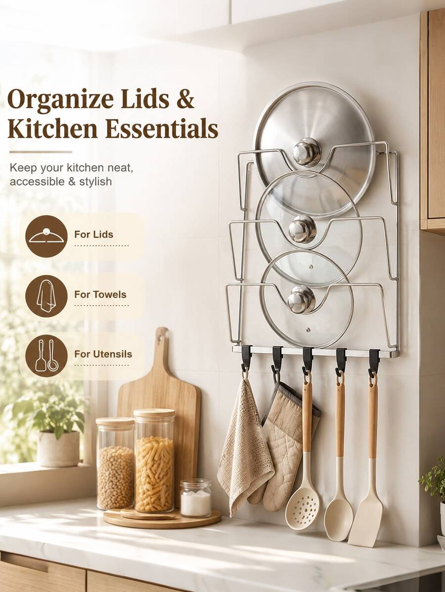 Cabinet Door Or Storage Wall Pot Lid Organizer - Pot And Lid Storage Rack - Glass And Metal Pot Lid Organizer, Kitchen Cabinet Storage Solution - Multicolor - View 1