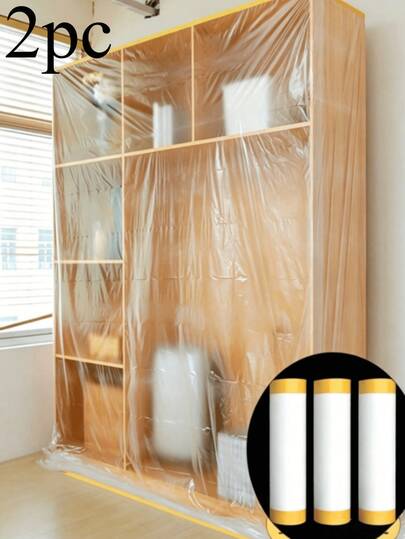 2pcs, Self-Adhesive Transparent Dust Cover For Home, Extra Large Elastic Tape-Style Dorm Plastic Film, Waterproof Dust-Proof Furniture Cover - Waterproof, Odorless, Heavy-Duty PE Plastic Cover, Suitable For Painting, Sanding, Car And Home Protection, Also Can Cover Bed, Sofa, Desk, Cabinet. Modern Minimalist Wall Decoration Transparent Film, Fashionable Minimalist Room Decoration Dust Cover, Self-Adhesive Transparent Home Decoration Dust Cover, Reusable Transparent Waterproof Dust-Proof Wallpaper.