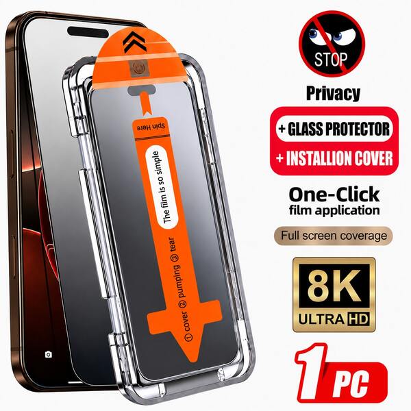 1pc One-Click Installation Anti-Peeping Privacy Tempered Glass Screen Protector, Compatible With Apple 11/12/13/14/15/16/16e/17/Plus/Pro/Pro Max/Mini, Waterproof, Shockproof, Anti-Fall, Anti-Scratch, Anti-Fingerprint, Full Coverage