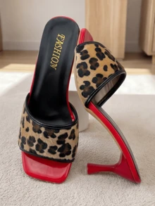 Popular Best-Selling Leopard Print Patchwork Red Youth Sandals, Leopard Print Wide Strap Comfortable Fit High Heel Shoes, Retro Style - Black - View 1