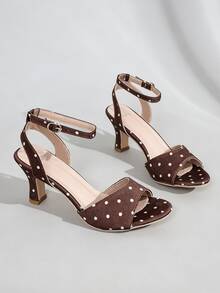 2026 New Women's Brown Polka Dot Satin Kitten Heel Mule High Heel Sandals, Elegant For Commute, Daily, Date, Party, Wedding, Women's Shoes Outfit - Brown - View 6