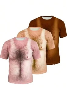 Novelty 3D Printed T-Shirt With Fun Simulation Chest Hair Round Neck Top For Parties/Daily Wear, Suitable For Multiple Outfits - Multicolor - View 8
