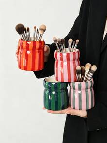 1pc INS Style Hand-Painted Dual-Color Striped Ceramic Storage Tube, Makeup Organizer, Makeup Brush Holder, Eyebrow Pencil Eyeliner Lipstick Storage, Desktop Decor Ornament, Holiday Gift For Family And Friends - Multicolor - View 10