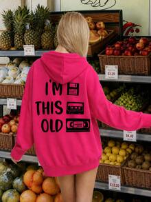 Y2K Street Pattern Print Women's Drop Shoulder Pullover Sweatshirt, Pocket Casual Pullover Sweatshirt Print Sweatshirt Women's New Regular Autumn/Winter Fashion Casual Loose Solid Color Print Long Sleeve Sweatshirt, Pullover Pullover Sweatshirt, Daily Wear, Eid Al-Adha, Commuting, Gift, Outdoor Sports Clothing - Hot Pink - View 2