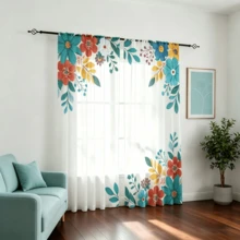 2pcs Colorful Floral & Green Leaf Sheer Curtains, Bohemian Pastoral Style Window Decor, 2D Flat Print, Rod Pocket Style, Lightweight & Translucent, No Lining, Floral Sheer Curtains, Window Sheer Curtains, Bedroom & Living Room Window Sheers, Only Includes Sheer Curtains, No Accessories - Multicolor - View 2