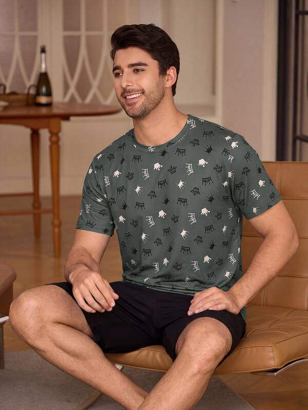 2 piezas/Set Pijama de moda para hombre, conjunto de ropa de estar en casa casual, cómodo y fresco de verano con manga corta y pantalones cortos finos