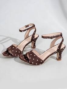 2026 New Women's Brown Polka Dot Satin Kitten Heel Mule High Heel Sandals, Elegant For Commute, Daily, Date, Party, Wedding, Women's Shoes Outfit - Brown - View 1