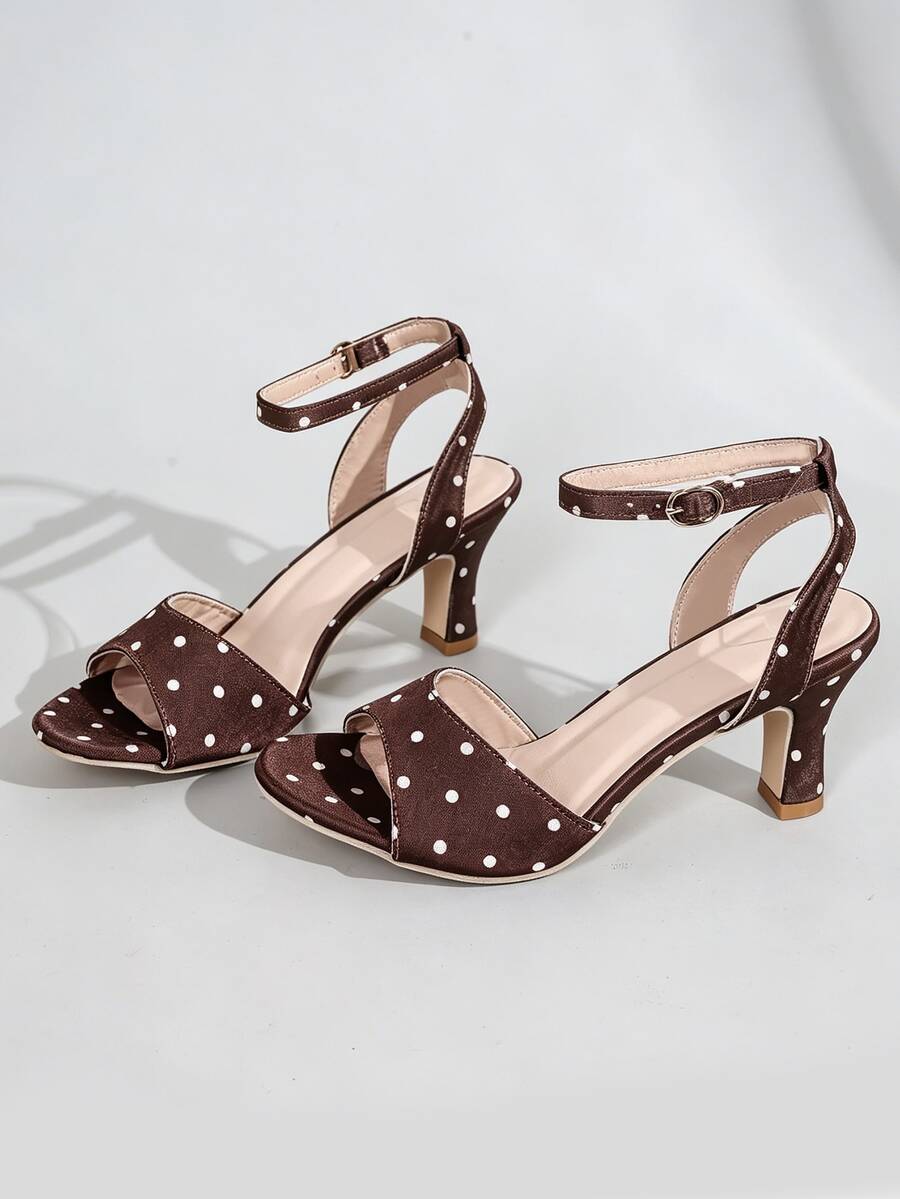 2026 New Women's Brown Polka Dot Satin Kitten Heel Mule High Heel Sandals, Elegant For Commute, Daily, Date, Party, Wedding, Women's Shoes Outfit - Brown - View 1