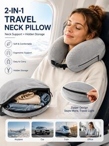1pc Adjustable U-Shaped Travel Neck Pillow, Clothing Storage, Wide Comfortable Support Design With Zipper, Soft Portable Neck Pillow, Suitable For Airplane, Car, Train, Office, Supports Long-Distance Flight, Travel Essential, Back To School, New Year, Graduation Gift - Multicolor - View 9