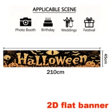 2D 平面萬聖節布製背景布,黑色底色配橘色「HALLOWEEN」字樣,含蜘蛛網、蝙蝠、南瓜燈、墓碑等元素,無需電源 - A - 查看 5