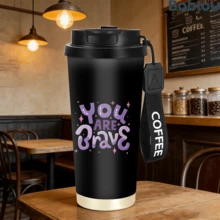1/5pcs 18oz Stainless Steel Coffee Tumbler, You Are Brave Purple Glitter Letter Print Travel Mug, Multi-Function Straw Flip Lid, Black COFFEE Lanyard, Encouragement Gift For Women, Office Outdoor Daily - Brave - View 11