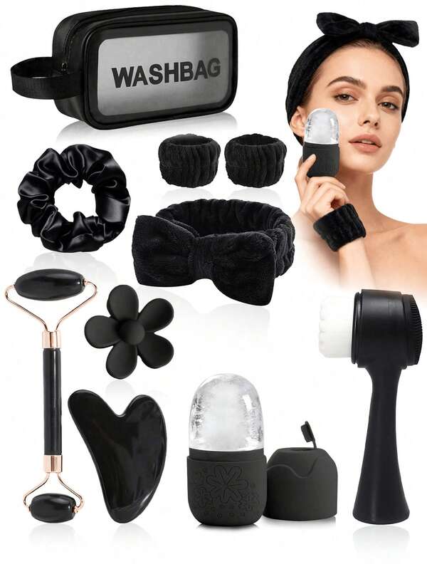 3/5/6/10 Peças Conjunto de Massagem e Limpeza Facial de Beleza, Conjunto de Rolo Gua Sha Preto, Inclui Escova Facial, Faixa de Cabeça, Pulseira, Presilha de Cabelo, Elástico de Cabelo, Bolsa de Higiene, Conjunto de Ferramentas de Grande Capacidade