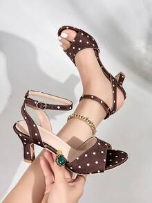 2026 New Women's Brown Polka Dot Satin Kitten Heel Mule High Heel Sandals, Elegant For Commute, Daily, Date, Party, Wedding, Women's Shoes Outfit - Brown - View 8