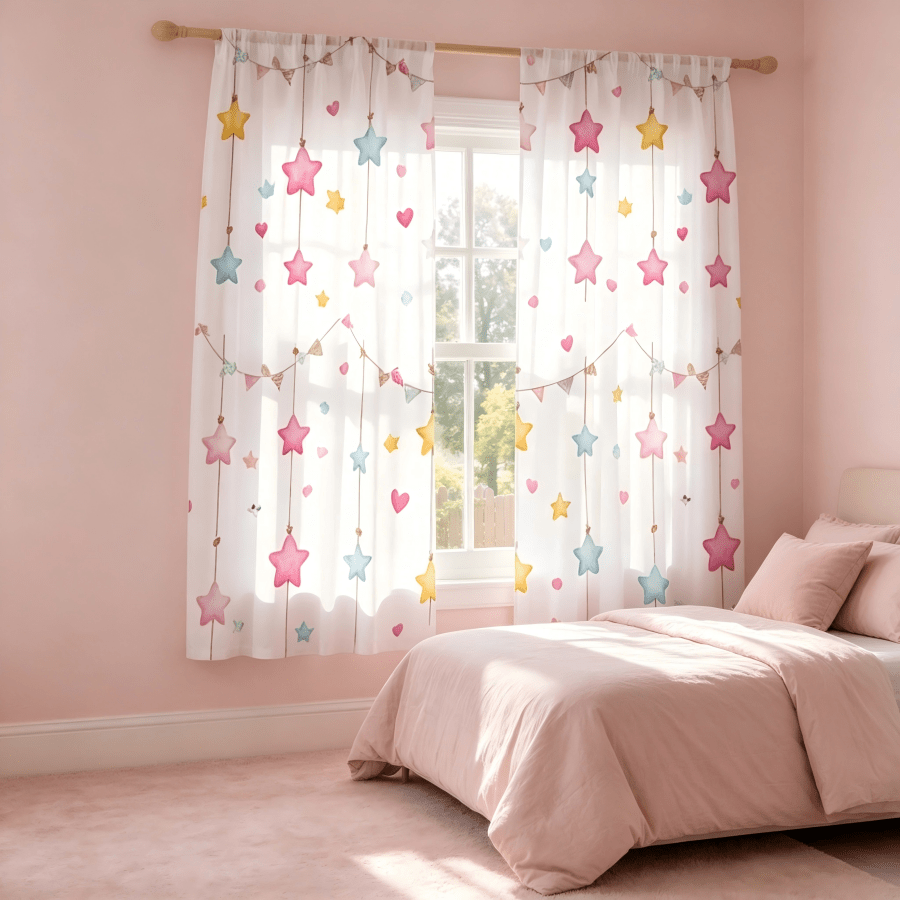 2 pièces Rideaux transparents rêveurs à motif d'étoiles et de cœurs aquarelle, motif d'étoiles et de cœurs de couleur macaron, impression plate 2D, style poche à tringle, tissu 100% polyester, translucide, sans doublure, rideaux de fenêtre transparents mignons de style dessin animé, convient pour la décoration de fenêtre du salon et de la chambre à coucher, comprend uniquement les rideaux transparents, sans accessoires