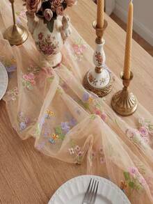 1/3pcs Champagne Floral Table Runner, 10ft Embroidered Tulle Spring Wildflower Table Runner, Room Decor, Seasonal Summer Butterfly Kitchen Dining Room Gauze Decoration For Wedding Decor, Baby Shower, Birthday Decoration - Pansy - View 3