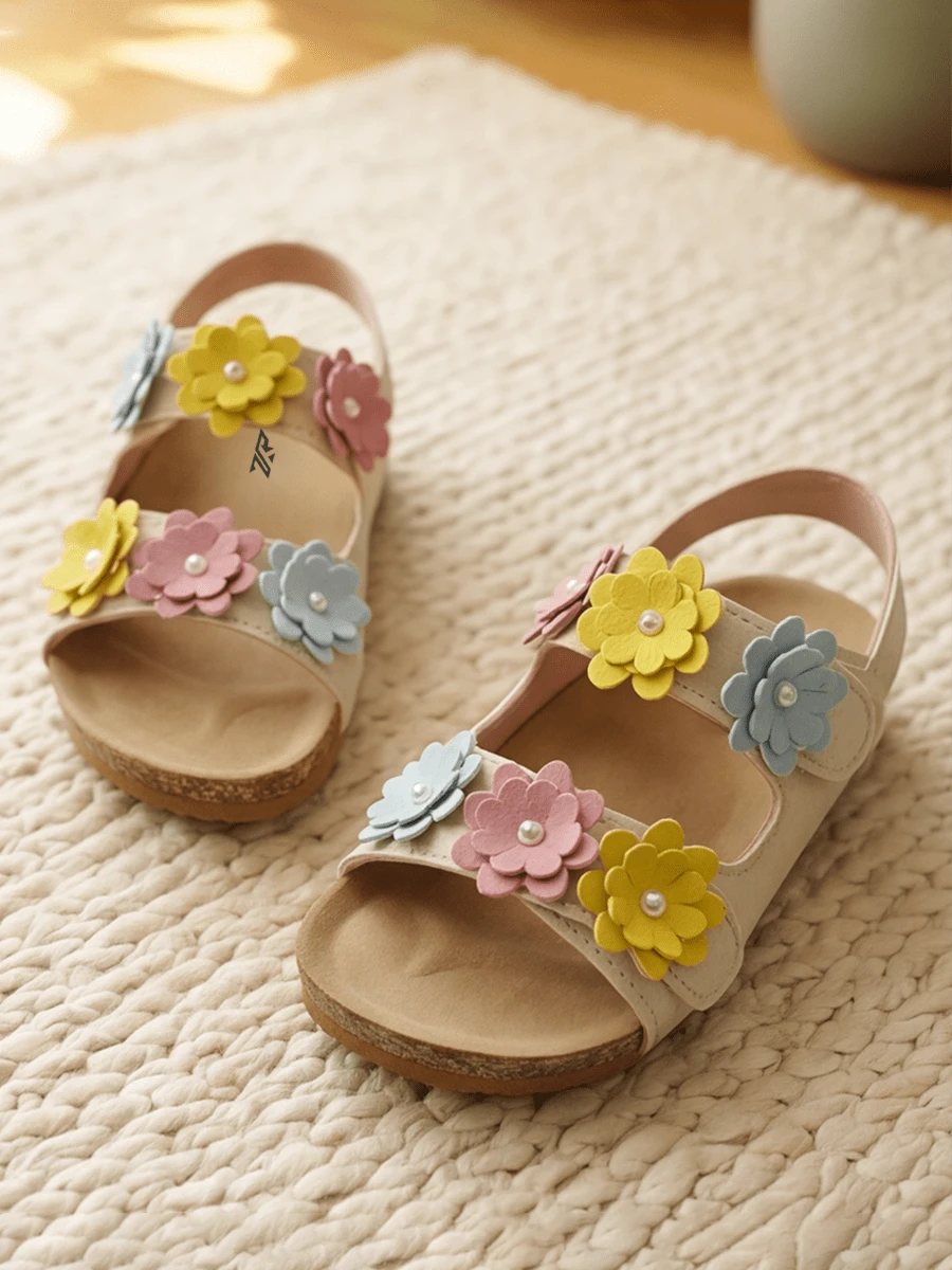 1 Pair Girls' Cork-Style Sandals, Cowhide Double Wide Straps + Yellow ...