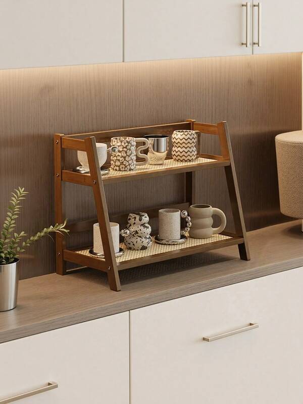 1 pièce Étagère de bureau vintage en rotin, design à double couche, panneau tressé de vigne, convient pour le rangement de la cuisine, du salon, de la chambre, du balcon, rangement de plantes, convient pour la décoration de la maison, l'affichage de tasses et de cosmétiques