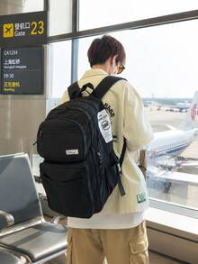 開學季新款男士後背包，15吋筆電包，20L容量，字母印花，適合學生假期與校園旅行，聚酯纖維材質，商務出差個性化禮物，實用大容量學生通勤包，冬季旅行包，假期筆電收納包，「Sports Life Bag」系列後背包，旅行必備，大容量校園包，春季學生包，大學包，情人節禮物，露營用品，假期必需品，露營裝備 - 黑色 - 查看 1