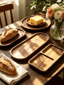 1PC Wooden Tray, Serving Plate, Dessert Platter, Multi-Shape Wooden Tray, Food Service Tray, Coffee Tray, Round Tray, Multi-Function Serving Tray, Solid Wood Tray, Wooden Tray, Suitable For Steak, Breakfast, Sushi, Dessert And Coffee, Kitchen Restaurant Decor, Modern Coffee Table Centerpiece And Storage Tray, Suitable For Halloween, Christmas Party Gatherings And More - View 2