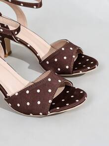 2026 New Women's Brown Polka Dot Satin Kitten Heel Mule High Heel Sandals, Elegant For Commute, Daily, Date, Party, Wedding, Women's Shoes Outfit - Brown - View 3