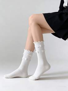 1/2 Pairs Summer Sweet Minimalist Versatile Multi-Bow Ruffle Mid-Calf Socks - Multicolor - View 5