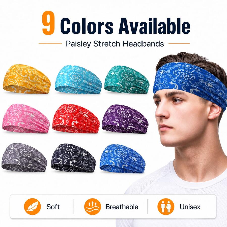 Paisley Bandana Headbands For Men Women, Non Slip Sports Sweatband, Elastic Wide Workout Head Wrap For Running Gym Yoga Cycling - 彩色 - 查看 1