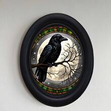 1pc Vintage Colorful Glass Style Black Crow Decorative Picture Frame, Black Frame Round Wall Decor, Handmade Wooden Art Craft, Suitable For Home And Office Decoration, Crow Full Moon Starry Night Theme Creative Craft, Ideal Gift And Collectible - 259 - View 12