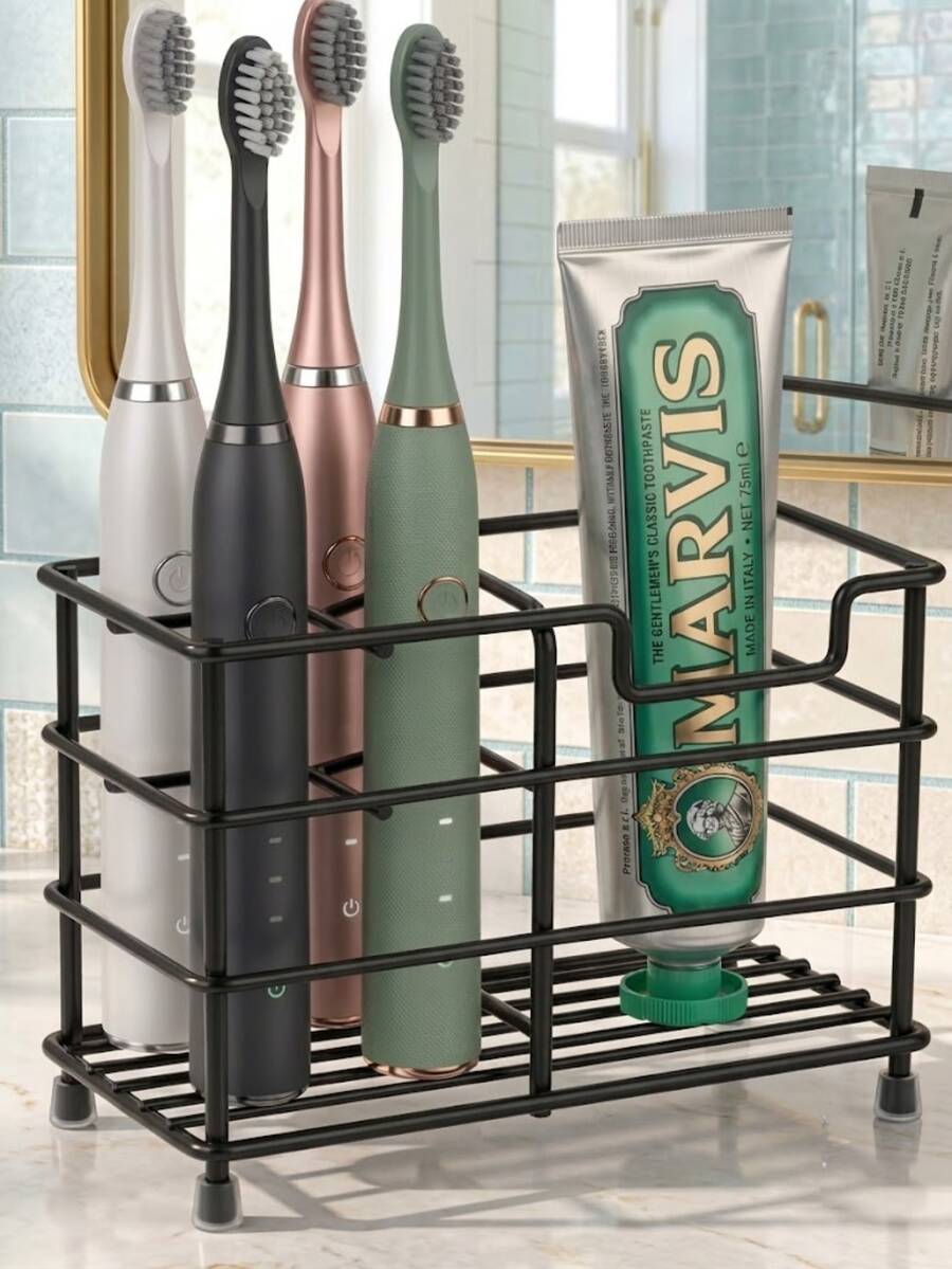 Bathroom Toothbrush Holder, 5/6 Compartment Black Stainless Steel Modern Bathroom Storage Rack With Toothpaste Slot, Suitable For Modern Home Toiletries Storage And Organization