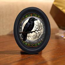1pc Vintage Colorful Glass Style Black Crow Decorative Picture Frame, Black Frame Round Wall Decor, Handmade Wooden Art Craft, Suitable For Home And Office Decoration, Crow Full Moon Starry Night Theme Creative Craft, Ideal Gift And Collectible - 259 - View 2