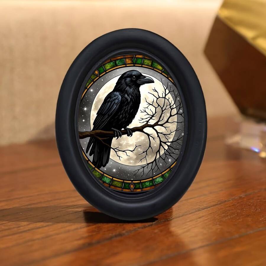 1pc Vintage Colorful Glass Style Black Crow Decorative Picture Frame, Black Frame Round Wall Decor, Handmade Wooden Art Craft, Suitable For Home And Office Decoration, Crow Full Moon Starry Night Theme Creative Craft, Ideal Gift And Collectible