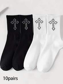 10 Pairs Unisex Black & White Mid-Calf Socks, Minimalist Solid Color, Simple Daily Wear, Suitable For Everyday Use (1/3/5/10 Pairs) - Multicolor - View 11