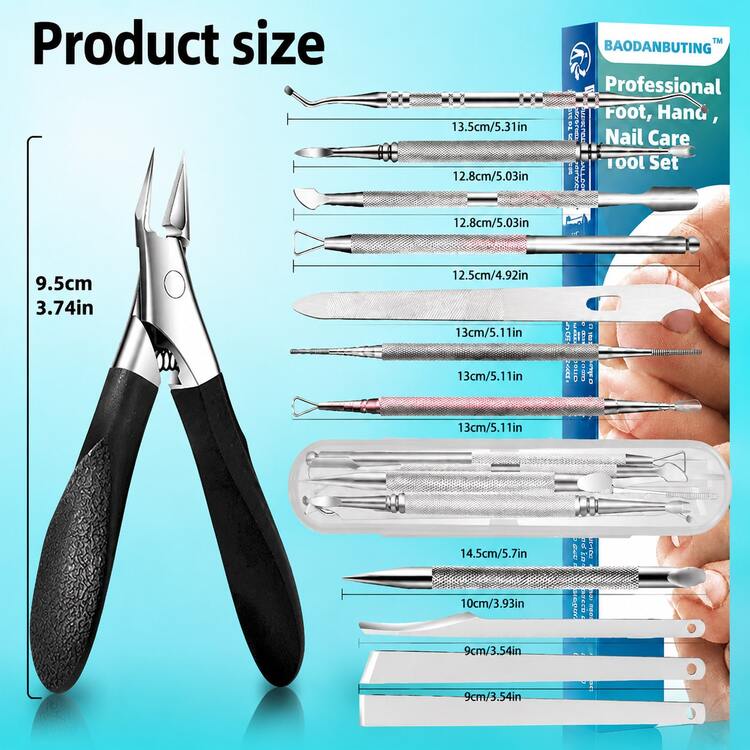 11pcs Ingrown Toenail Trimming Tool Set, Includes Curved Toenail Clippers, Designed For Thick Nails, Multi-Function Set With Foot File, Foot Rasp And Exfoliator, Creates Smooth Skin - F - View 6
