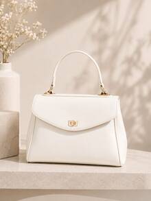 Mala de senhora elegante de cor lisa, fecho de aba com fecho, versátil para ombro e tiracolo, grande capacidade, aspeto sofisticado para deslocações diárias - Branco - Ver 1
